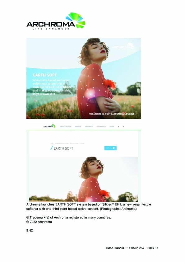 ARCHROMA LAUNCHES EARTH SOFT SYSTEM BASED ON SILIGEN&reg; EH1, A NEW VEGAN TEXTILE SOFTENER WITH ONE-THIRD PLANT-BASED ACTIVE CONTENT